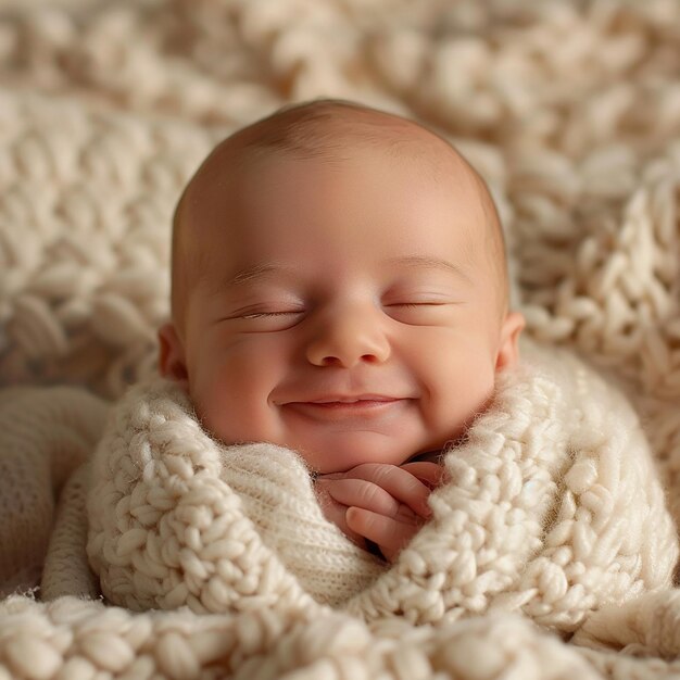 ein Baby lächelt und lächelt mit einem weißen Pullover an