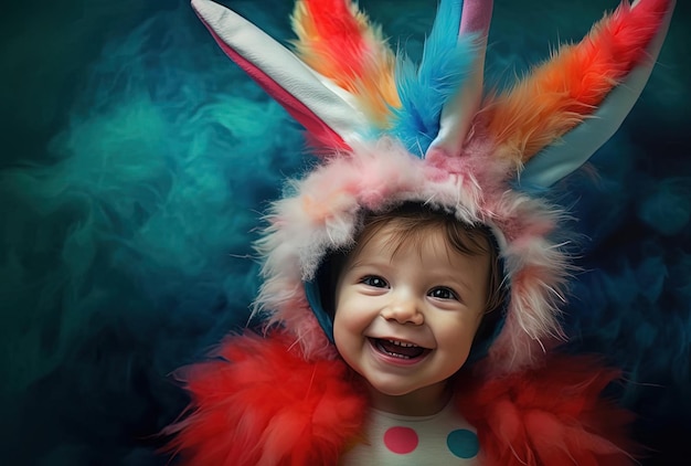 Ein Baby lächelt, während es Hasenohren und eine Mütze im bunten Stil trägt
