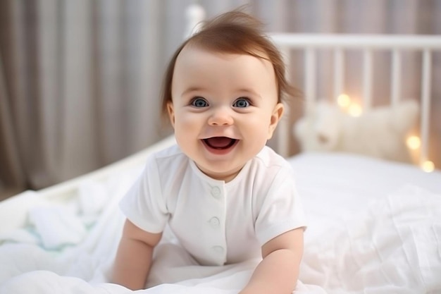 ein Baby liegt auf einem Bett mit einem Teddybären im Hintergrund