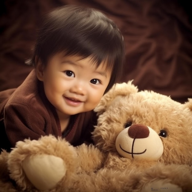 Ein Baby liegt neben einem Teddybären