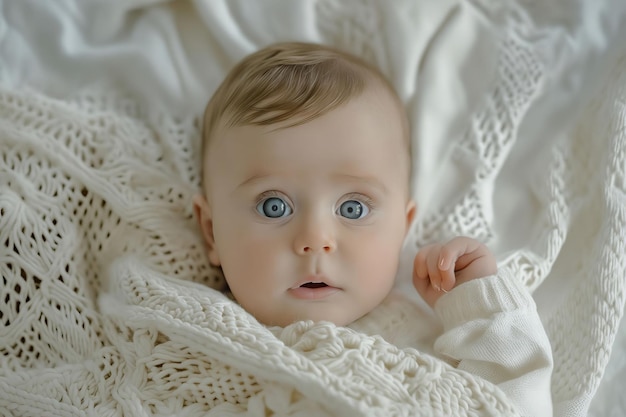 Ein Baby mit blauen Augen liegt auf einer weißen Decke