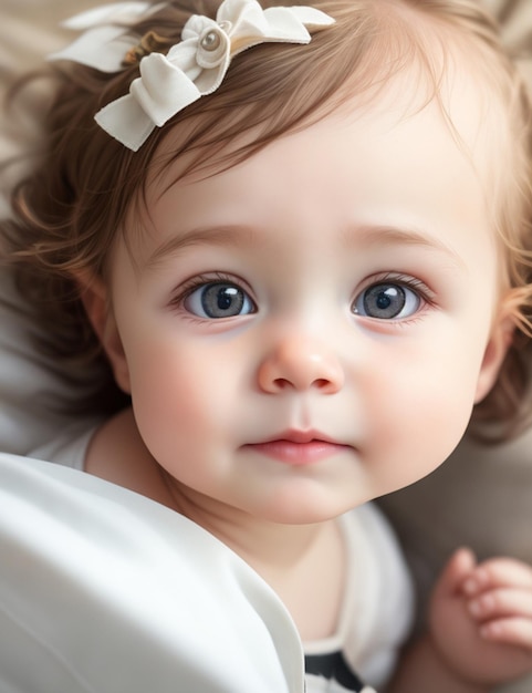 Ein Baby mit blauen Augen und einer weißen Schleife liegt auf einem Bett.