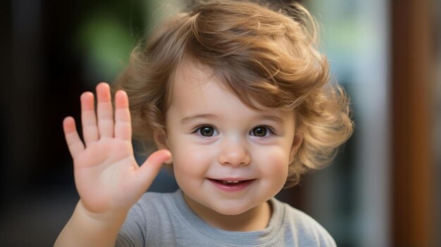 ein Baby mit einem grauen Hemd, auf dem das Wort steht