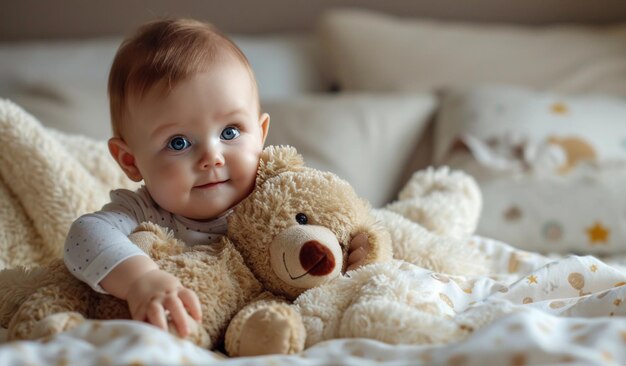 ein Baby mit einer Kapuze und einem Bären gekleidet