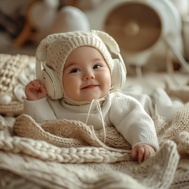 Ein Baby mit Kopfhörern und einem Pullover auf einer Decke mit einer gestrickten Decke um sie herum und einem Lautsprecher