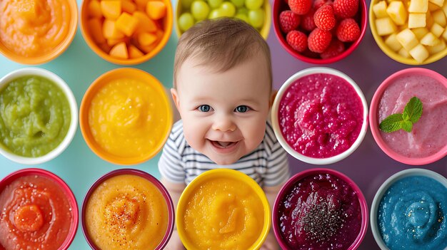 Ein Baby mit verschiedenen Kombinationen bunter Suppen vor sich