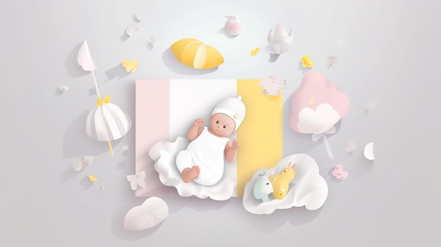 Ein Baby schläft auf einer Wolke mit einer Decke und einer Decke mit einem Regenbogen und einem gelben Einhorn darauf.