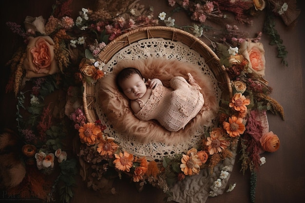 Ein Baby schläft in einem Korb mit Blumen um ihn herum.