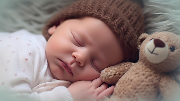 Ein Baby schläft mit einem braunen Teddybären auf dem Kopf.