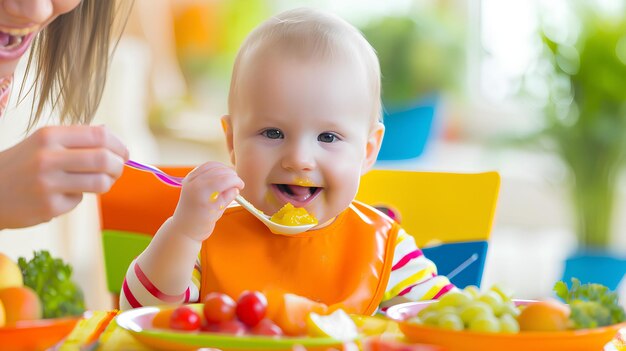 Ein Baby sitzt an einem Tisch und isst gesundes Essen