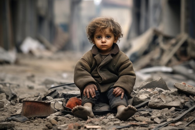 Ein Baby sitzt auf der Straße, die während des Krieges von einer Bombe zerstört wurde