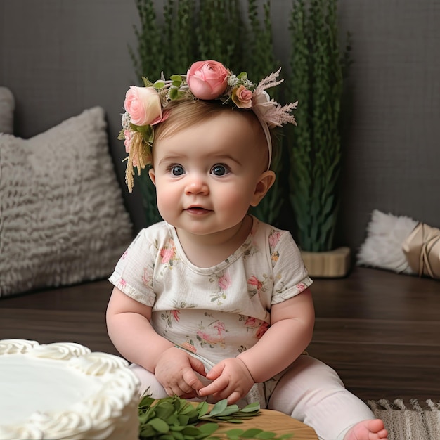 Ein Baby sitzt auf einem Tisch mit einem Kuchen Generative Ai
