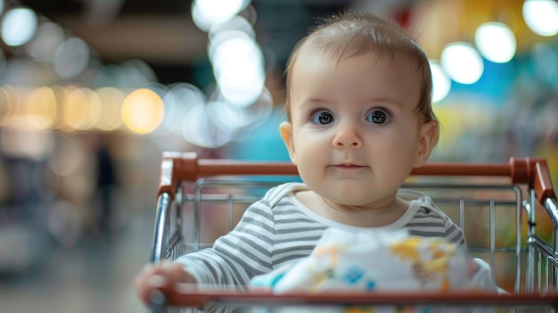 Foto ein baby sitzt in einem einkaufswagen, während es mit seinem elternteil unterwegs ist