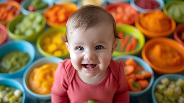 Ein Baby sitzt in einem Haufen farbenfroher Plastikbecher