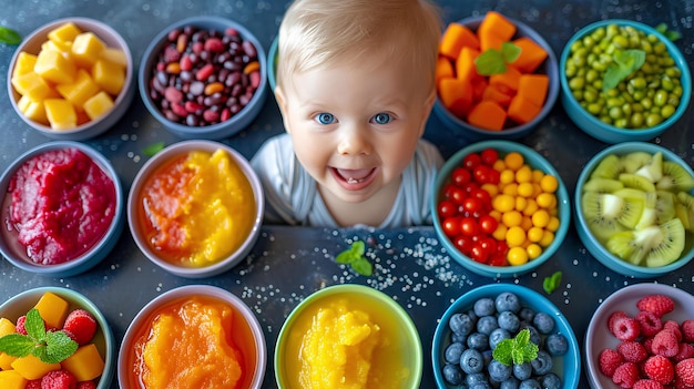 Ein Baby sitzt in Schüsseln mit Obst und Gemüse