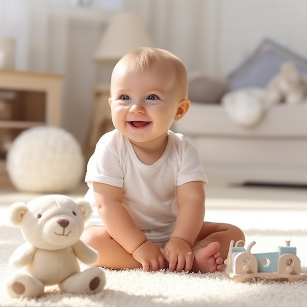 Ein Baby sitzt mit einem Teddybär und einem Spielzeug auf dem Teppich