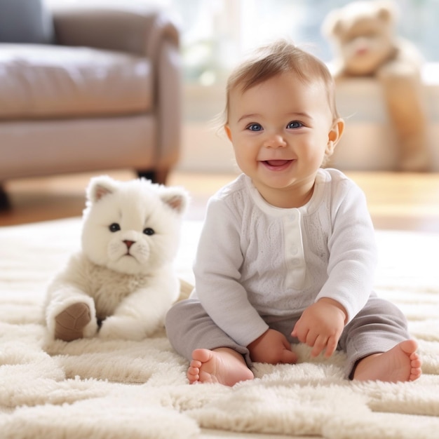 Ein Baby sitzt mit einer Katze und einem Stofftier auf einem Teppich