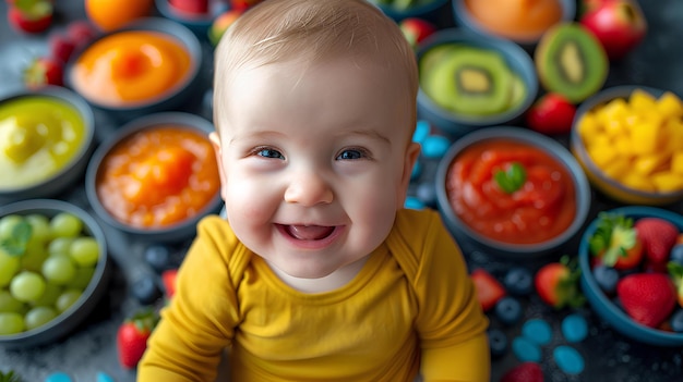 Ein Baby sitzt vor einem Stapel Früchte