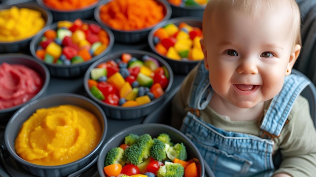 Ein Baby sitzt vor einer Schüssel mit Essen