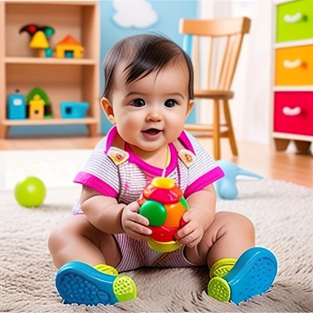 Ein Baby spielt mit einem Ball in den Händen.