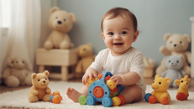 ein Baby spielt mit einem Spielzeug, auf dem steht: Baby.