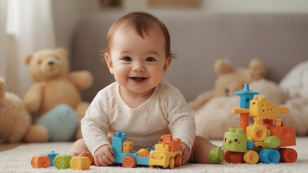 ein Baby spielt mit Spielzeug auf einem Teppich