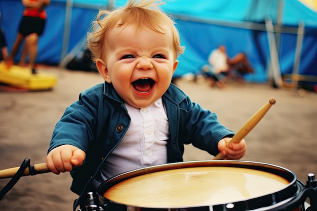 Ein Baby spielt Schlagzeug mit einer blauen Jacke.