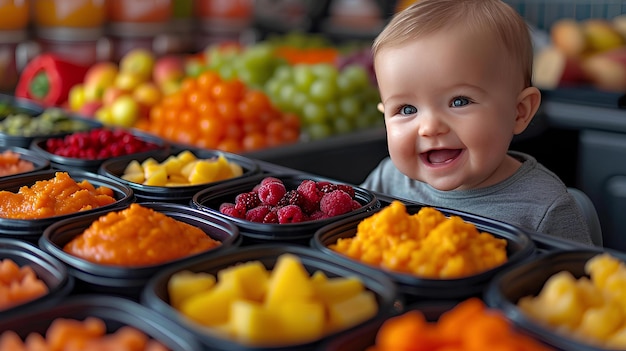 Ein Baby steht vor einer Obstvorstellung