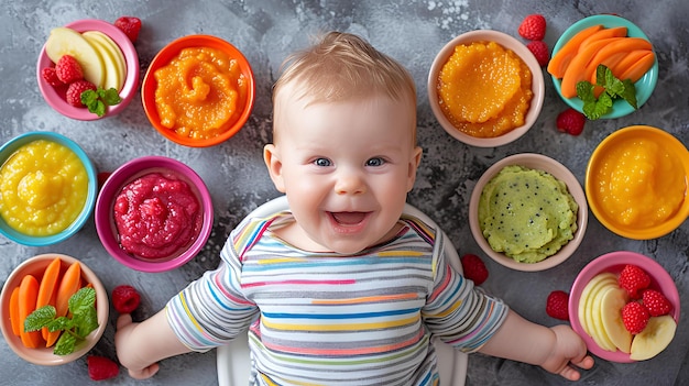 Foto ein baby steht vor einer vielzahl von früchten