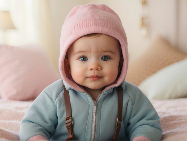 ein Baby trägt einen rosa Hut und eine blaue Jacke auf einem Bett mit Kissen