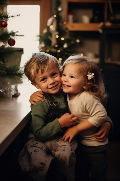 Ein Baby und ein Junge umarmen sich in der Küche für ein Weihnachtsfoto.