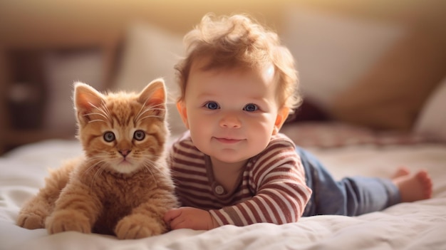 Ein Baby und eine Katze liegen auf einem Bett