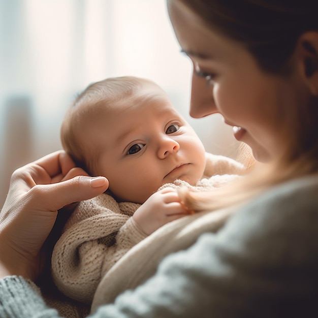 Ein Baby wird von einer Frau hochgehalten.