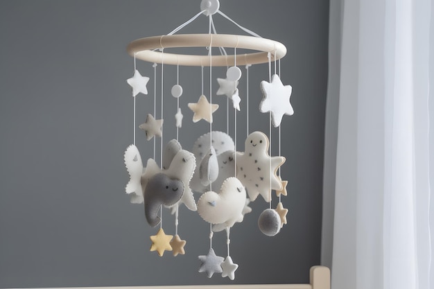 Ein Babymobile mit Mond- und Sterndesign.