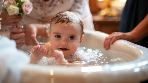 Foto ein babys erstes bad nach der taufe, umgeben von liebenden familienmitgliedern