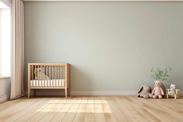 Ein Babyzimmer mit einem leeren Holztisch