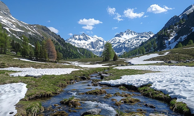 Foto ein bach, der durch ein bergtal fließt, mit schnee auf den bergen im hintergrund