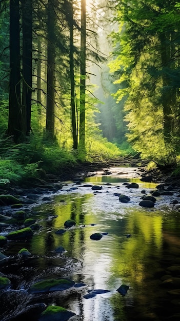 Ein Bach, der durch einen üppig grünen Wald fließt