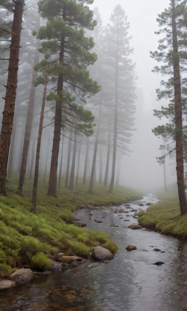 Ein Bach fließt durch einen nebligen Kiefernwald