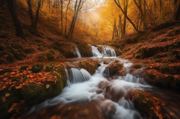 Ein Bach im Wald mit Blättern auf dem Boden