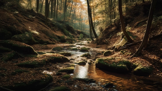 Ein Bach im Wald mit der Sonne, die auf die Bäume scheint