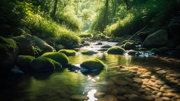 Ein Bach im Wald mit grünen Bäumen und Felsen