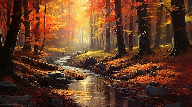 Ein Bach im Wald mit orangefarbenen Blättern