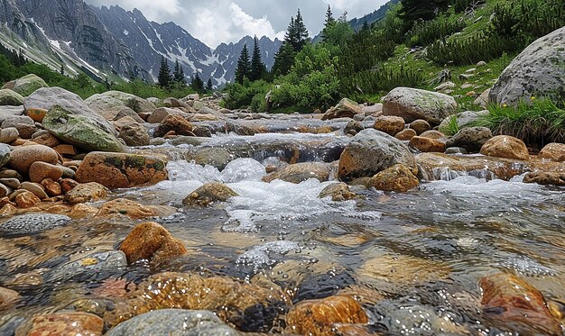 ein Bach mit einem Wasserfall im Hintergrund und einem Berg im Hintergrund