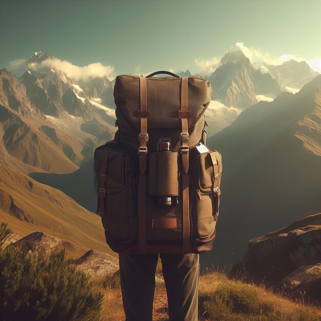 Ein Backpacker steht auf einem Bergrücken und bewundert die atemberaubende Aussicht auf die umliegenden Berge