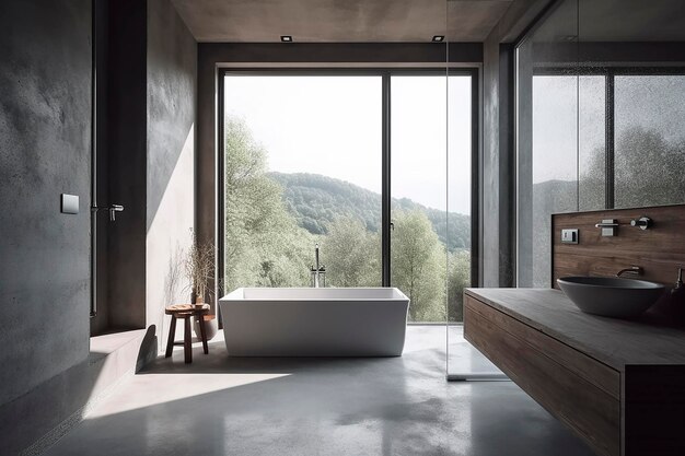 Ein Badezimmer mit Badewanne und Blick auf die Berge.