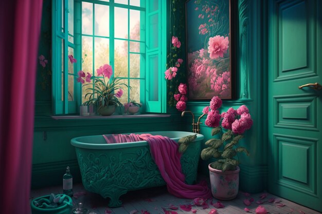 Ein Badezimmer mit Badewanne und Blumen am Fenster.