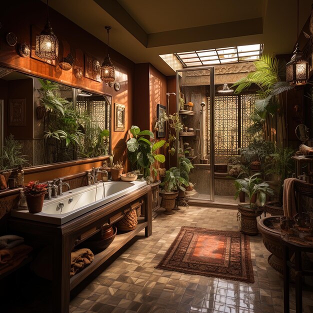 ein Badezimmer mit Badewanne und Pflanzen an der Wand