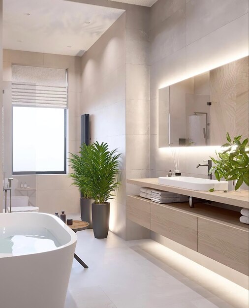 ein Badezimmer mit Badewanne und Pflanzen auf dem Boden