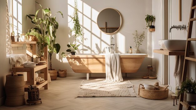 Foto ein badezimmer mit badewanne und pflanzen auf dem boden